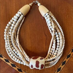 Wooden Beaded Necklace with Cream and Brown Accents